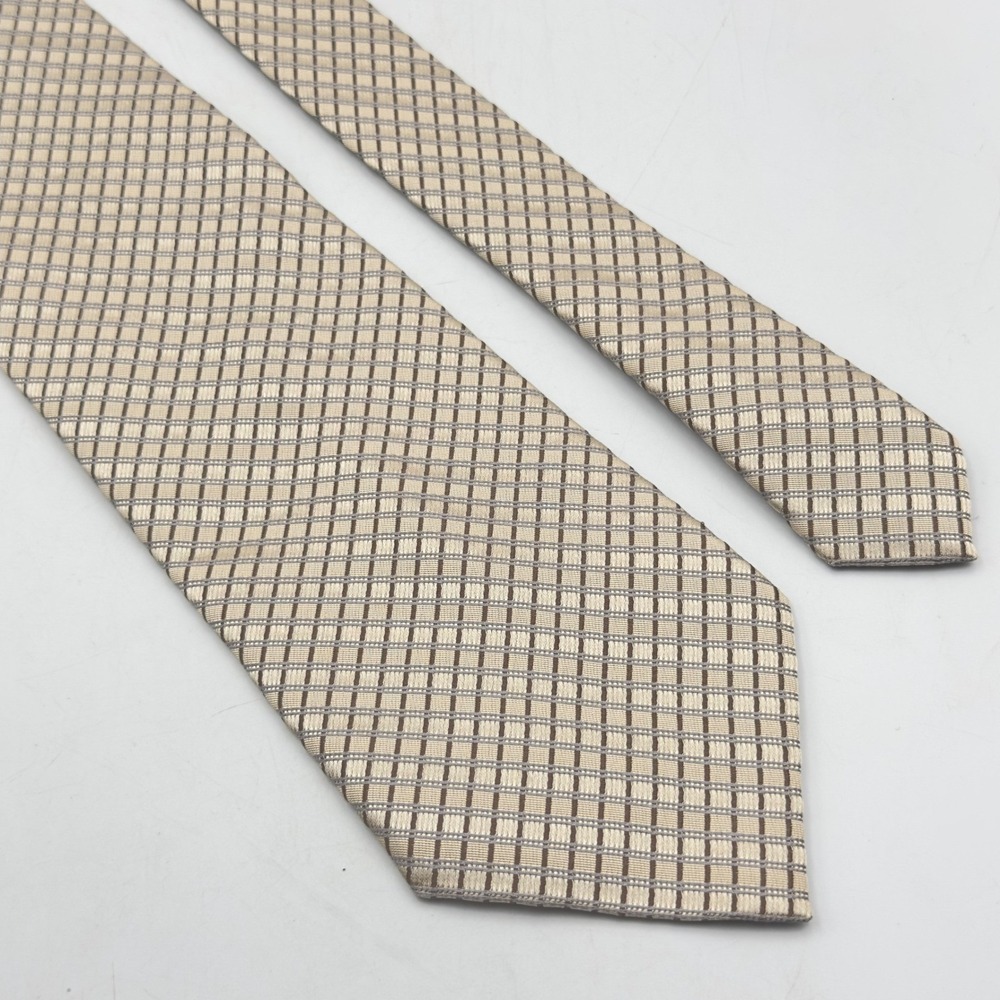 Jones New York Mens Silk Tie Champagne Tan Geometric Grid Hand Made Classic 57x4